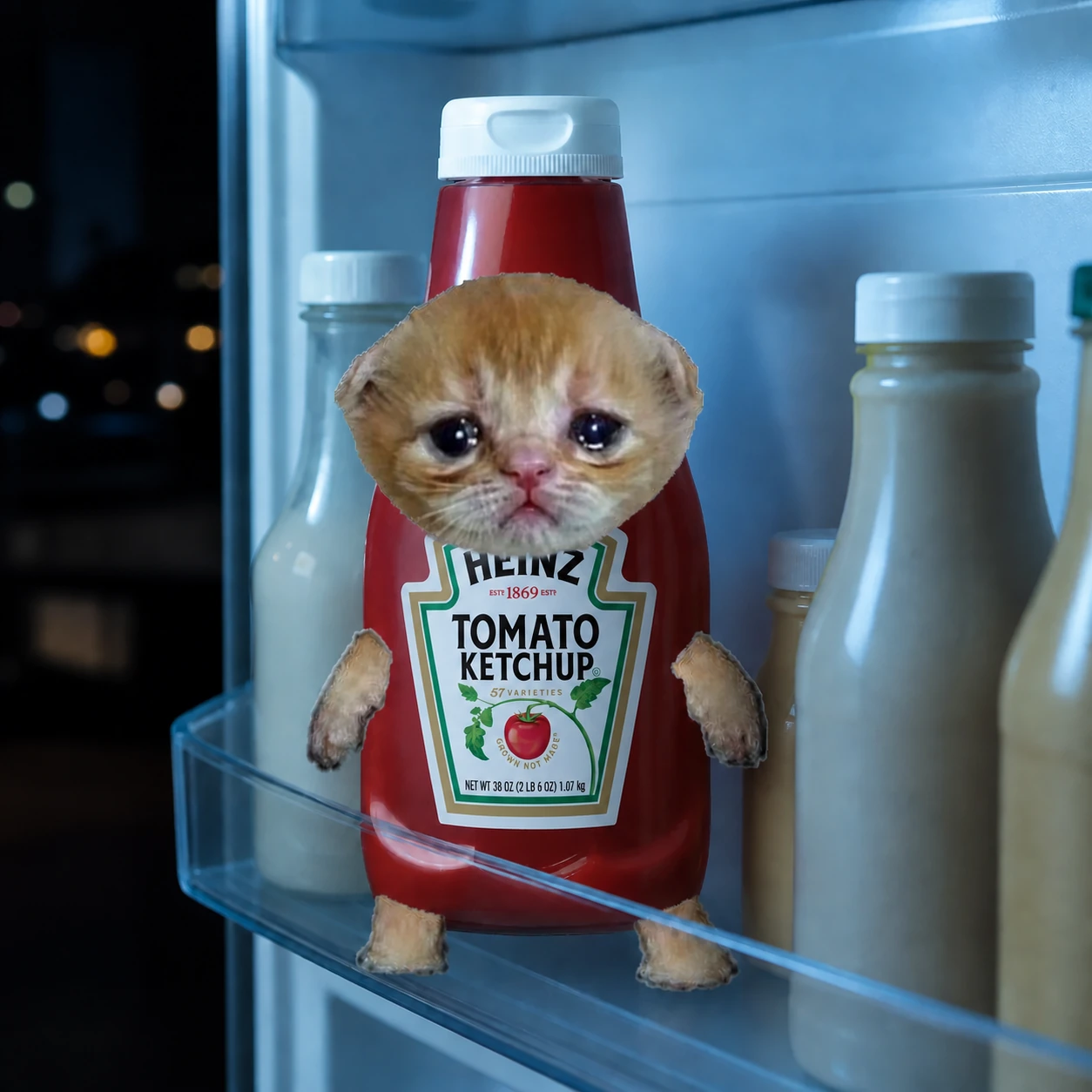 Ketchup Cat in the fridge door at night