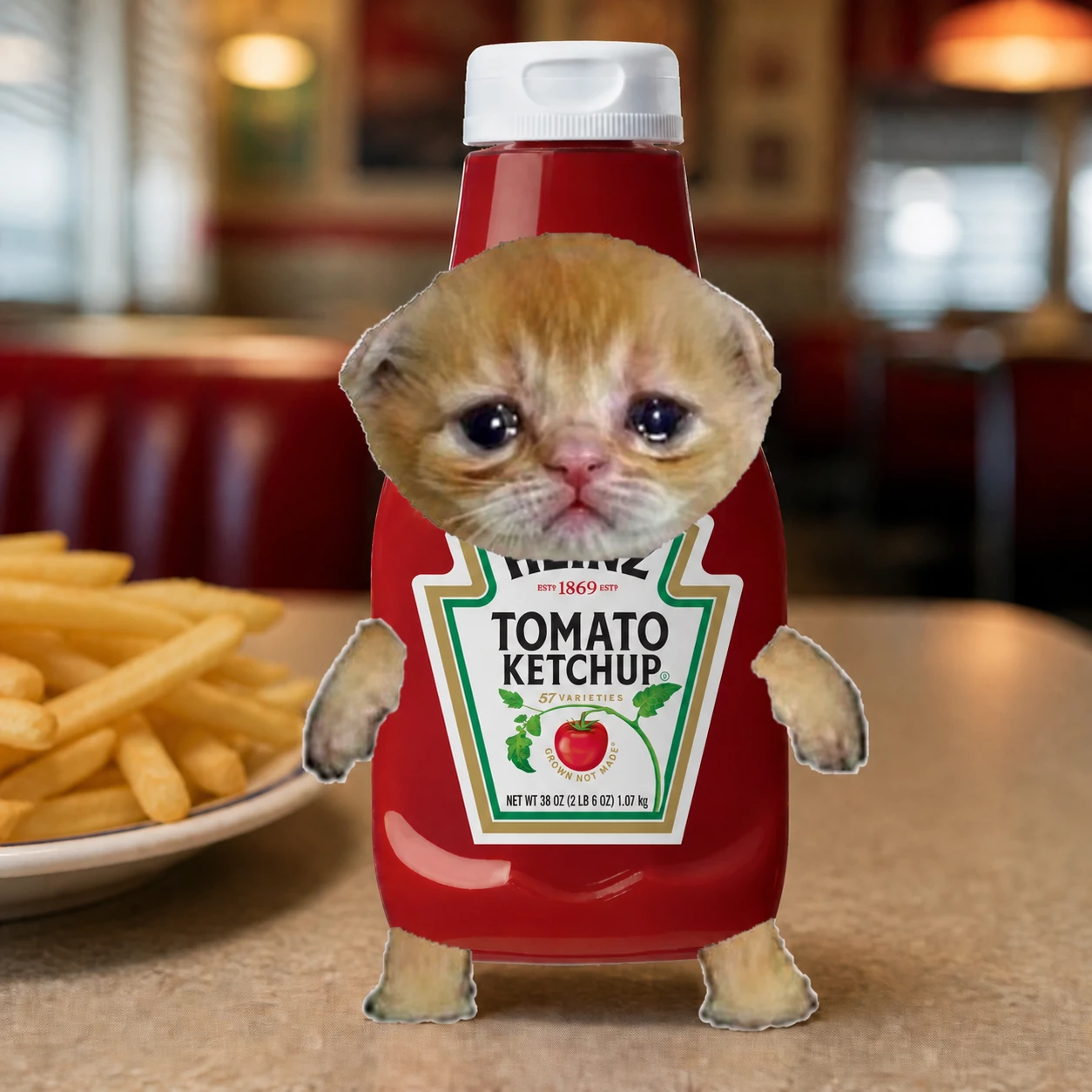 Ketchup Cat on a diner table