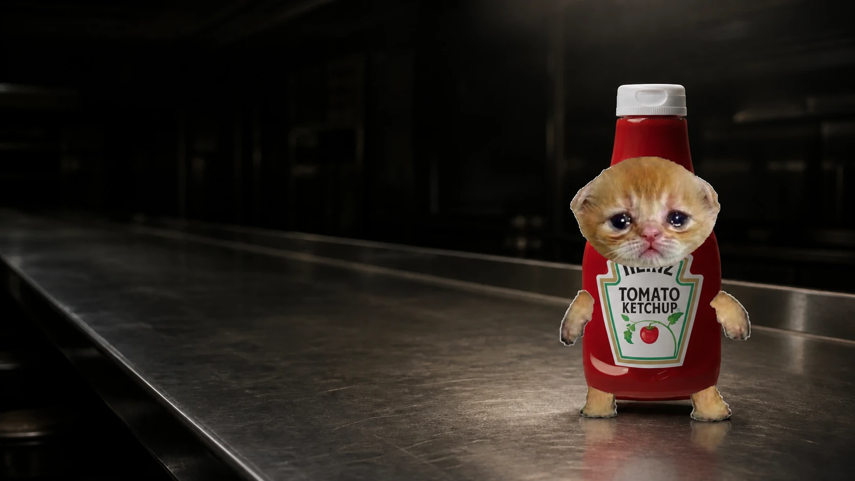 Ketchup Cat alone on a diner counter